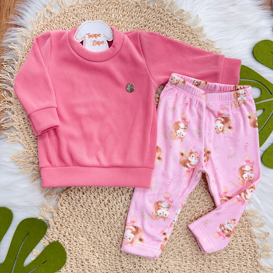 Conj. Blusa em Malha Cotele e Calça em Plush Esquila - Rosa